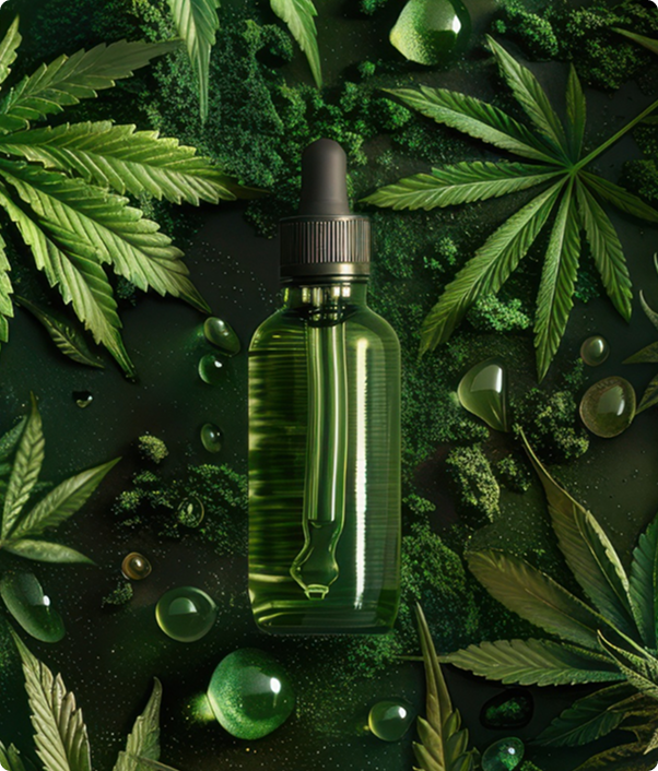 CBD oil dropper with cannabis leaves background.